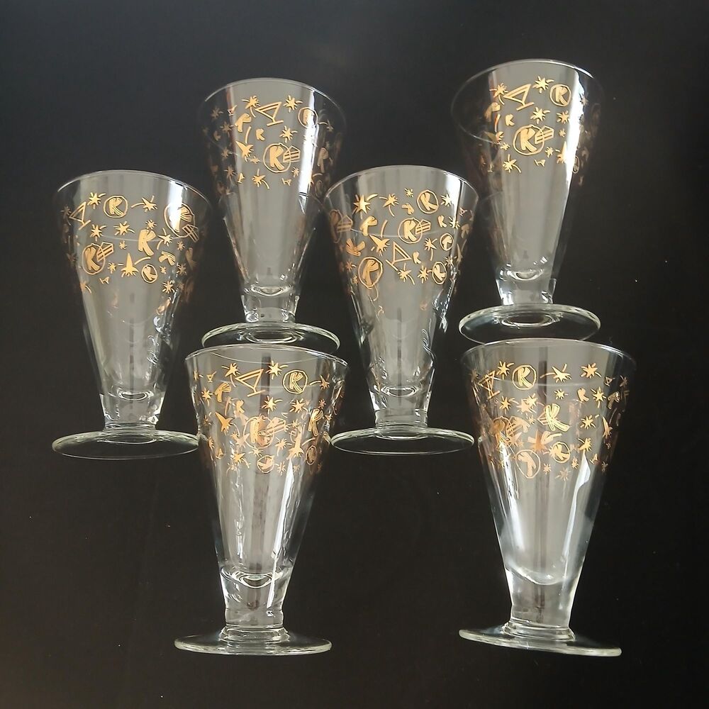 Vintage Kahlua Cocktail Glasses Set of 6 | 1980s 1990s Gold Atomic Starburst